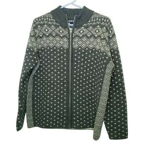 Lands End Wool Knit Nordic Zip Up Cardigan Sweater Neutral Fair Isle‎ Thick M